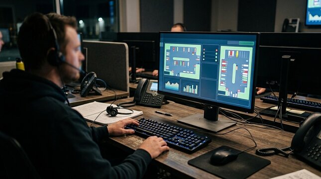 Yard management dashboard glowing at a dispatch workstation after a search &ndash; Logistics Yard Operations Stock Photo (Environmental)