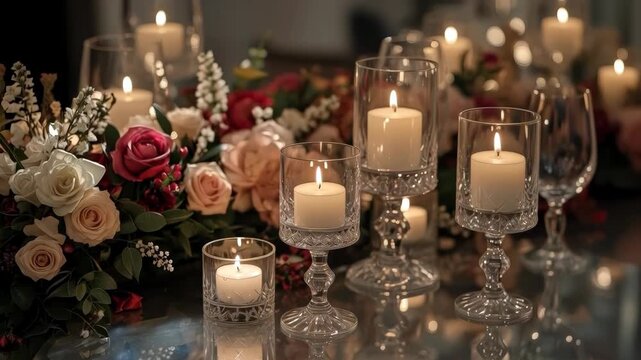 Romantic candle centerpiece with roses, glass holder, candlelight floral table setting and soft