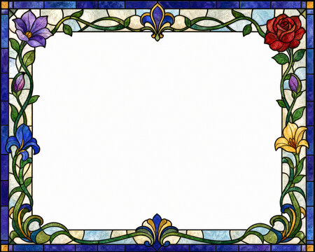 Stained glass border with rose, iris and lily flowers in corners