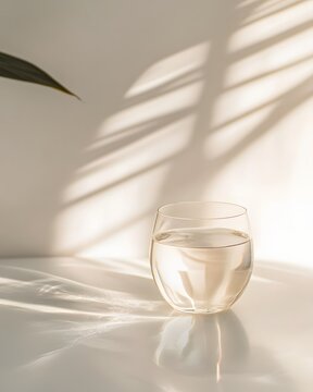Minimalist glass of pure water with natural sunlight, soft leaf shadows and elegant reflections, perfect for healthy lifestyle, hydration, wellness, skincare and modern branding