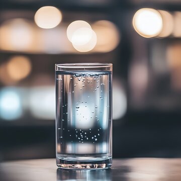 Crystal clear sparkling water in a glass with rising bubbles and soft bokeh background, ideal for hydration, healthy lifestyle, beverage branding, wellness and refreshment