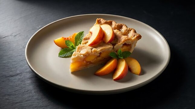A delicious slice of homemade peach cobbler pie served on a minimalist beige plate with fresh peach slices and green mint leaves on a dark textured table
