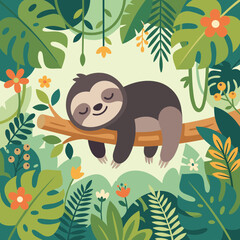Fototapeta premium Sloth Sleeping Peacefully on Branch in Lush Jungle Illustration
