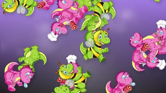 Animated Background of Falling Cartoon Dinosaurs and Bees on Purple Gradient