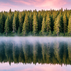Peaceful misty morning landscape with a perfectly calm lake reflecting the forest © Muhammad