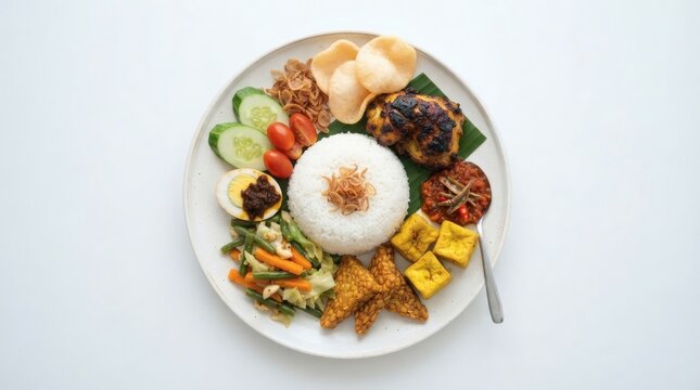 Top Down Food Photography Indonesian Nasi Campur White Plate

