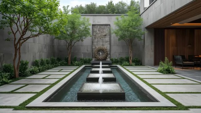 Modern courtyard garden with water fountain, stone path and stone wall