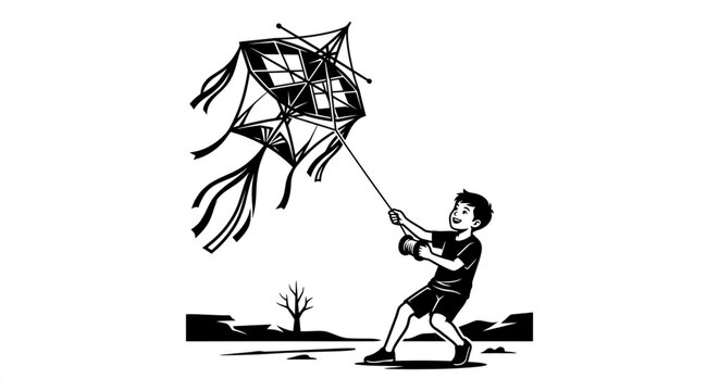 Boy flying a large traditional kite outdoors, black and white vector illustration on white background.