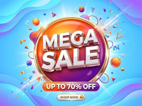 Vibrant mega sale banner illustration with glossy 3D typography and colorful abstract shapes