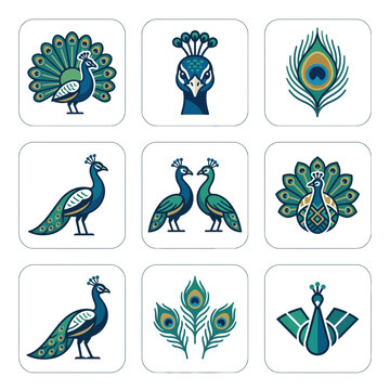 Peacock Bird Graphic Icon Set Featuring Stylized Feathers and Elegant Avian Motifs in a Collection of Minimalist Vector Designs