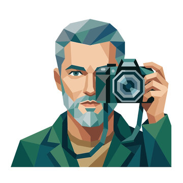 Photographer taking photo, beard man geometric icon vector illustration on white background, front view