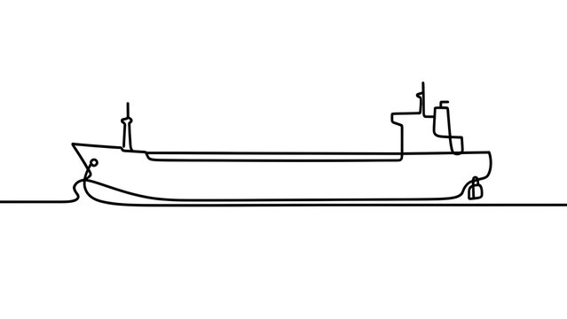 Simple cargo ship line drawing white background.