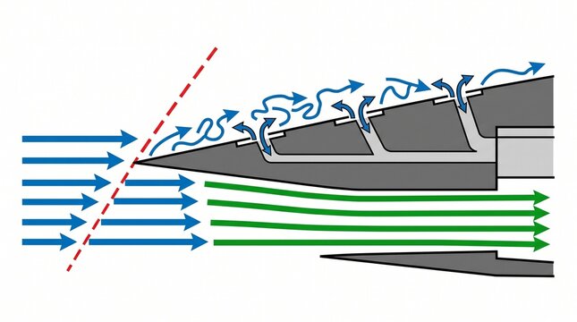 Wedge shaped intake ramp diagram. Supersonic air flow diversion and jet engine concept.