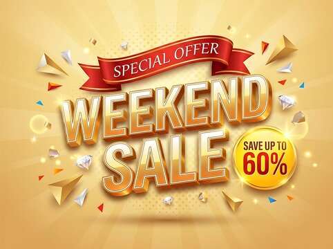 Golden weekend sale banner vector template with 3d gold typography, red ribbon special offer badge, and discount promotion background