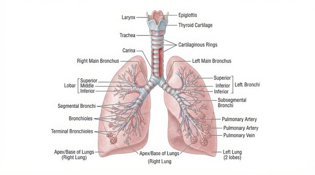 Detailed human trachea and bronchial tree anatomy. Medical illustration showing respiratory system structure and branching airways.