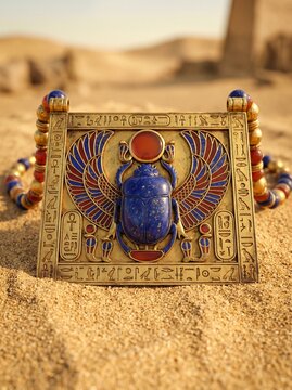 Ancient Egyptian Gold Pectoral Necklace With Lapis Lazuli Winged Scarab Pendant On Sand
