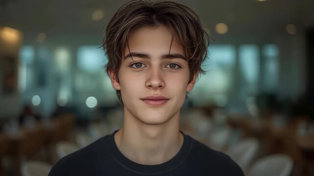 Young man portrait in blurred indoor cafe, calm face with soft light background