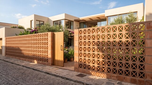 Modern home with decorative breeze block wall and wooden gate on a quiet street.