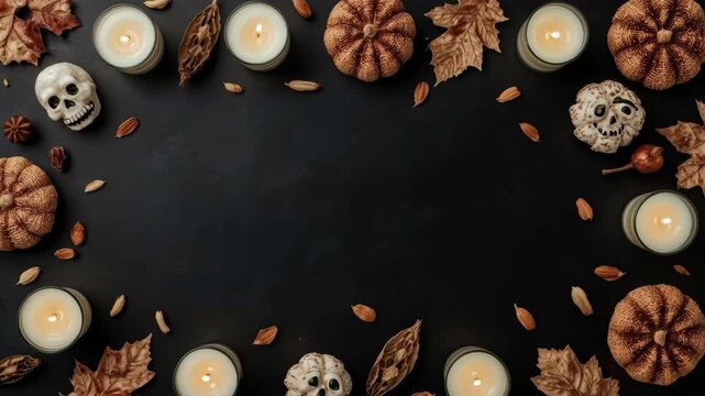 Autumn Halloween Frame with Candle, Skull, Pumpkin, Leaf and Nuts Dark Background