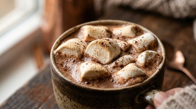 Hot chocolate topped with mini marshmallows in ceramic mug.