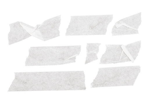 White Adhesive Masking Tape Set Isolated on Transparent Background &ndash; Torn Sticky Tape Strips, Wrinkled Ripped Scotch Tape Pieces, Realistic Design Elements PNG Cutout