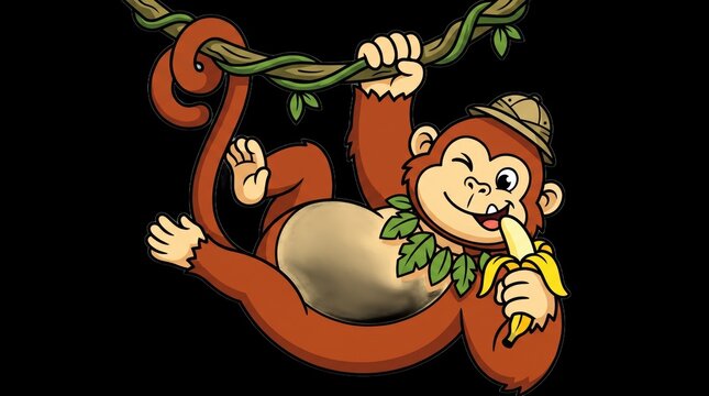 Cartoon monkey wearing a safari hat hanging from a vine and eating a banana