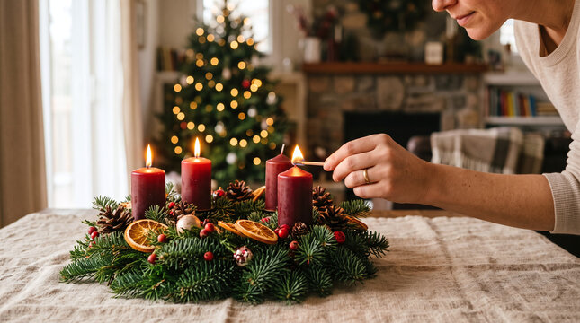 Woman lighting the fourth candle on a traditional Christmas Advent wreath.