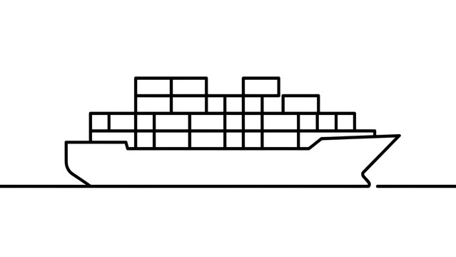 Cargo ship line art illustration white background.