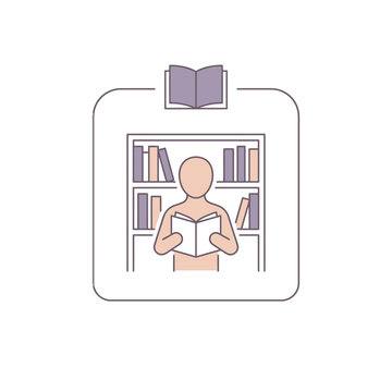 Person reading book in front of library bookshelf icon.