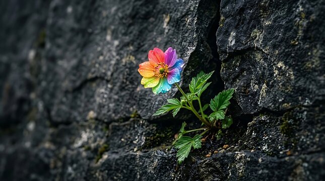 A vibrant rainbowcolored flower growing out of a crack in a dark, textured stone wall, symbolizing resilience, hope, and beauty in harsh conditions