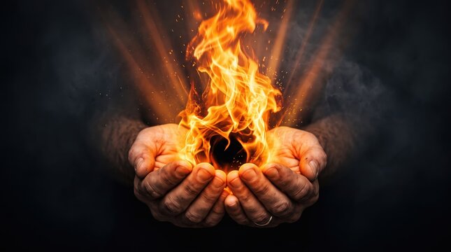 Close-up of rough hands cupping bright magical fire flame against dark, symbolizing power, energy, passion, creativity, inner strength, warmth, survival, ancient magic