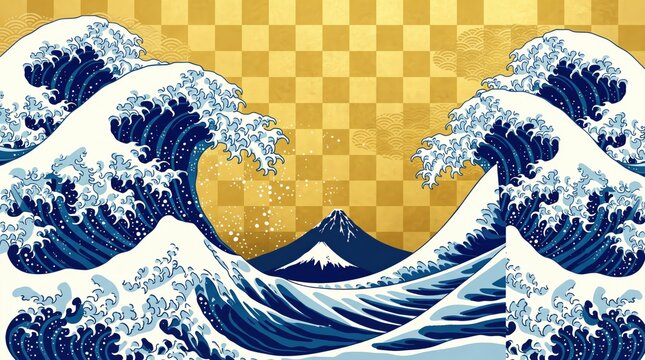 Traditional Japanese art style wave illustration, great wave off kanagawa inspired design, Mount Fuji in, gold checkerboard pattern, ukiyo-e aesthetic, asian culture vector graphic