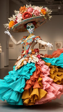 Catrina mexicana, catrina artesanal, catrina de papel, escultura de papel, arte en papel, papel crep&eacute;, papel plegado, dise&ntilde;o en papel, vestido de papel, vestido escult&oacute;rico, moda de papel, alta costur