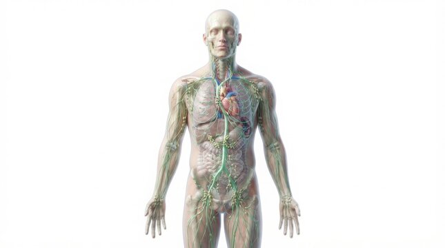 Detailed human lymphatic system illustration. Medical educational diagram showing lymphatic vessels and nodes. Healthcare professionals studying an...