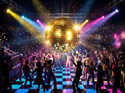 Vibrant 1970s disco party scene with people dancing on a lightup floor under a large glittering mirror ball with confetti and colorful stage lights