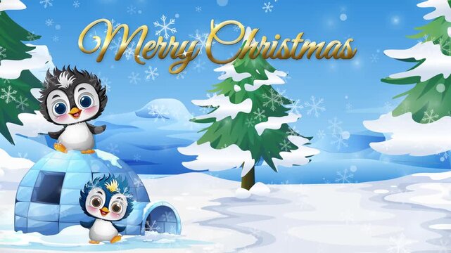 Animated Merry Christmas Greeting with Cartoon Penguins and Falling Snow