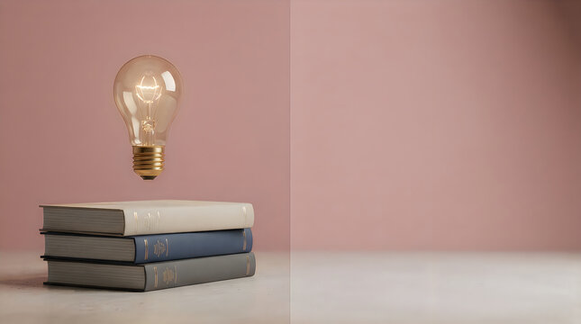 A glowing light bulb floating above a stack of three books on a soft pink background