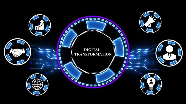 Digital transformation Concept of digitization of business processes and modern technology. Neon board. Digital technology background,4k animation,4k