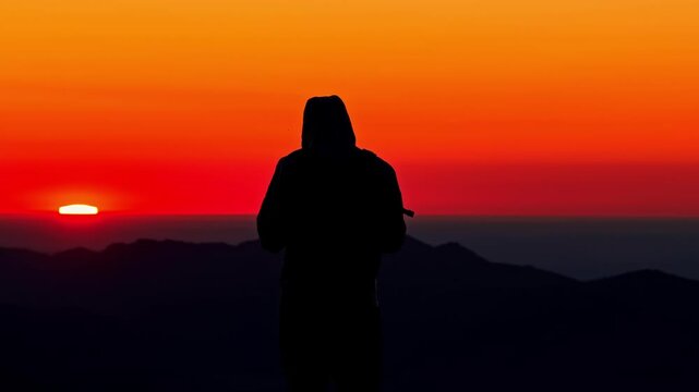 Silhouette of hooded figure stands still on mountain summit watching vivid red and orange sunset over distant ridges