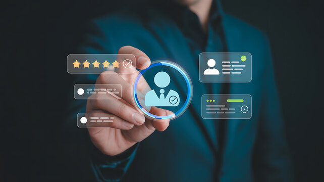Man touching virtual human resources icon for employee performance evaluation and rating system with star symbols on transparent futuristic screen.