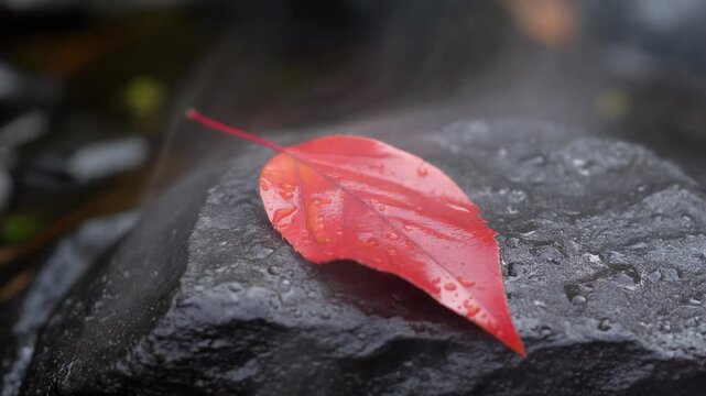 Red Leaf on Wet Rock in Autumn 4K Generative AI