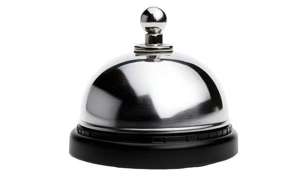 Shiny metal hotel reception desk call bell isolated on transparent background for service notification.