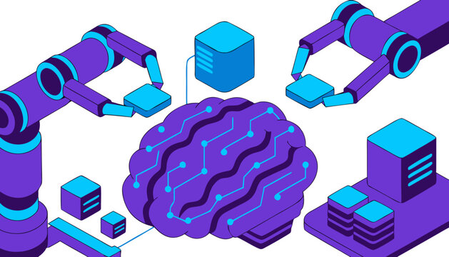 AI technology and automation vector concept with artificial intelligence brain and robotic elements