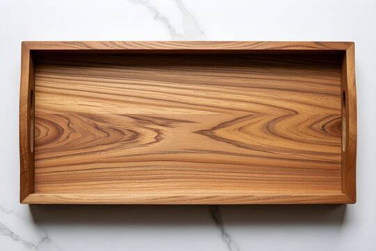 Wooden tray on white marble kitchen background. Space for design. Top view, flat lay. Mock up. Template.