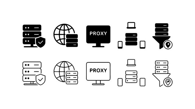 Proxy Server and Network Infrastructure Icon Set in Silhouette and Outline Style