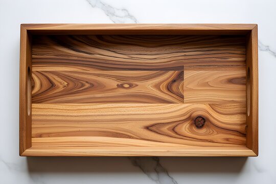 Wooden tray on white marble kitchen background. Space for design. Top view, flat lay. Mock up. Template.