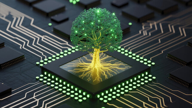 Digital tree growing from central processor unit emitting glowing green light on electronic circuit board with emerging central computer displays luminous tree roots green foliage