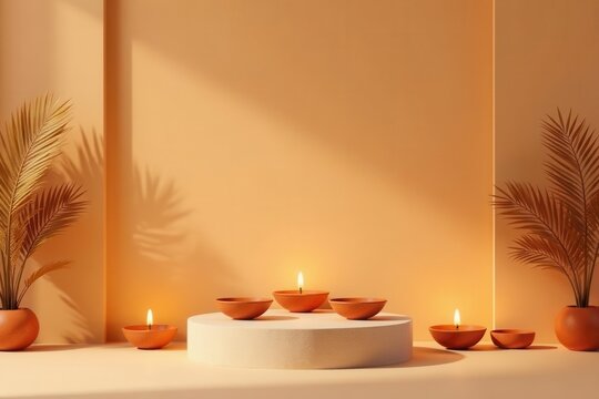 Minimalist Diwali display Beige backdrop, stone pedestal, lamps , diwali, shine