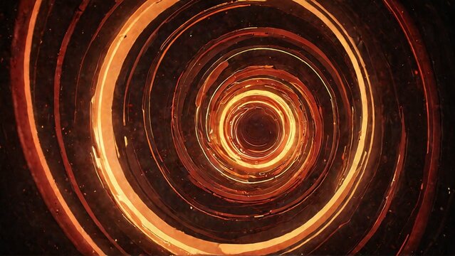 Futuristic cyber vortex tunnel with glowing fiery orange light streaks

