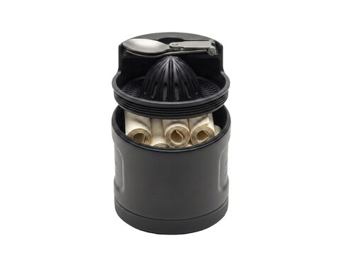 Manual citrus juicer isolated on white. Portable lemon squeezer for fresh fruit juice.